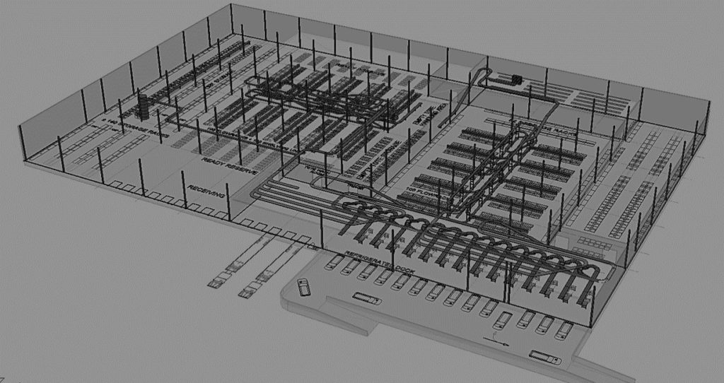 warehouse layout design that shows pallet racks, conveyor belts and docks